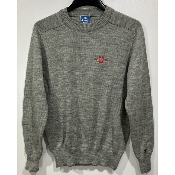 Vintage CHAMPION Gray Sweater Cornell Embroidered Arcylic Nylon Blend LARGE - Picture 1 of 10